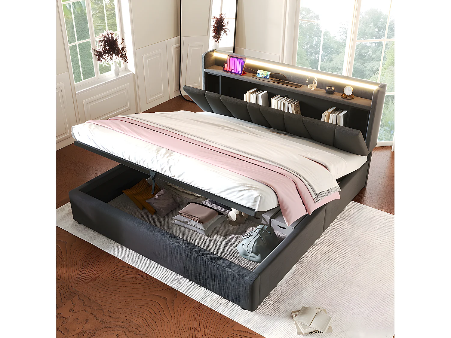 Lit coffre adulte capitonnée - 160 x 200 cm station de charge USB - chevets intégrés avec LED - Gris - Sweiko