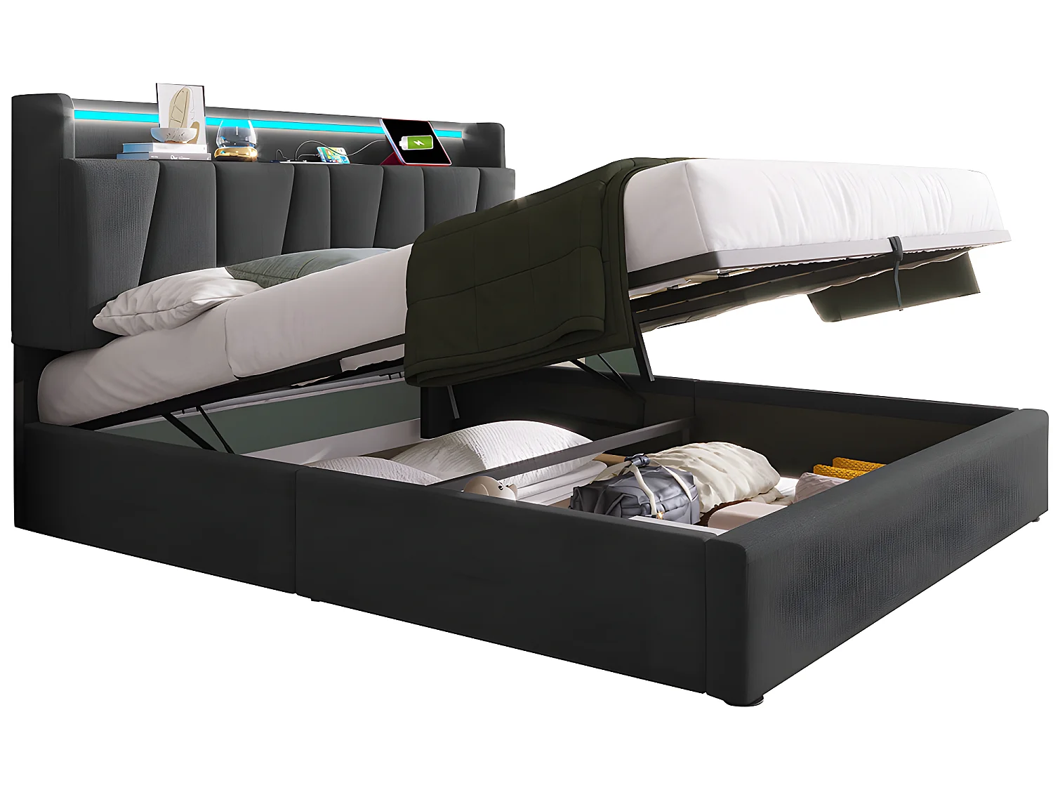 Lit coffre adulte capitonnée - 160 x 200 cm station de charge USB - chevets intégrés avec LED - Gris - Sweiko