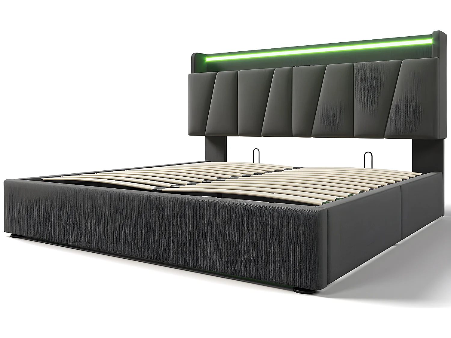 Lit coffre adulte capitonnée - 160 x 200 cm station de charge USB - chevets intégrés avec LED - Gris - Sweiko