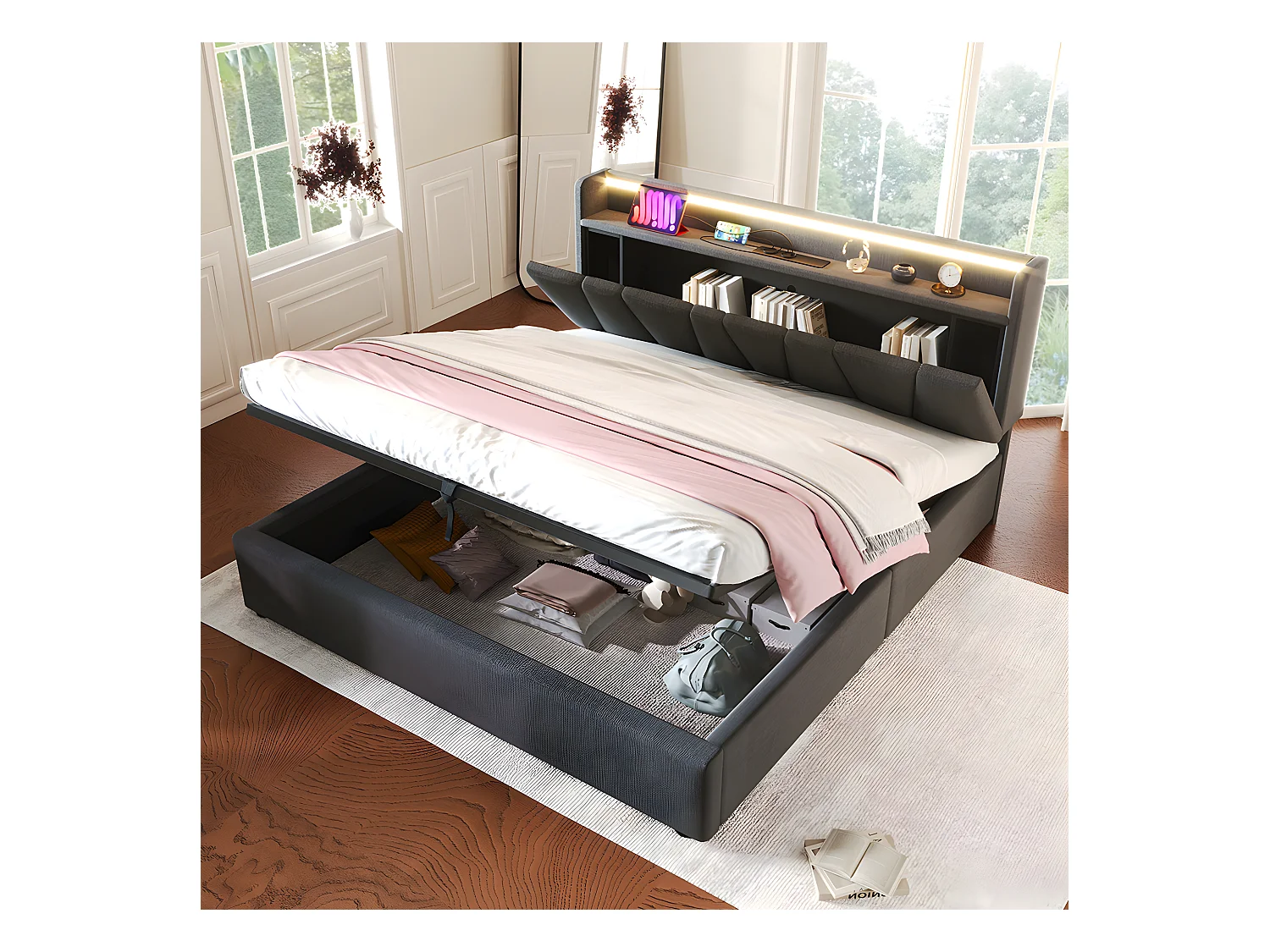 Lit coffre adulte capitonnée - 160 x 200 cm station de charge USB - chevets intégrés avec LED - Gris - Sweiko