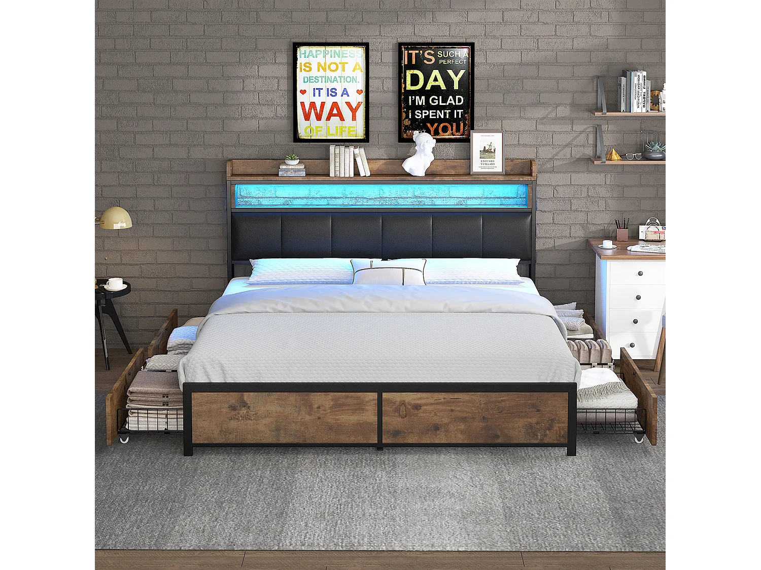 Lit coffre avec tiroirs - 140x200cm - avec LED- Marron - Sweiko