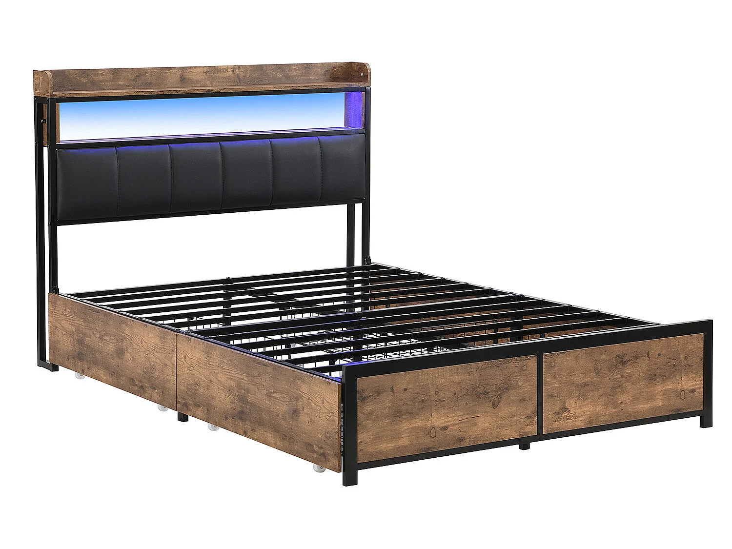 Lit coffre avec tiroirs - 140x200cm - avec LED- Marron - Sweiko