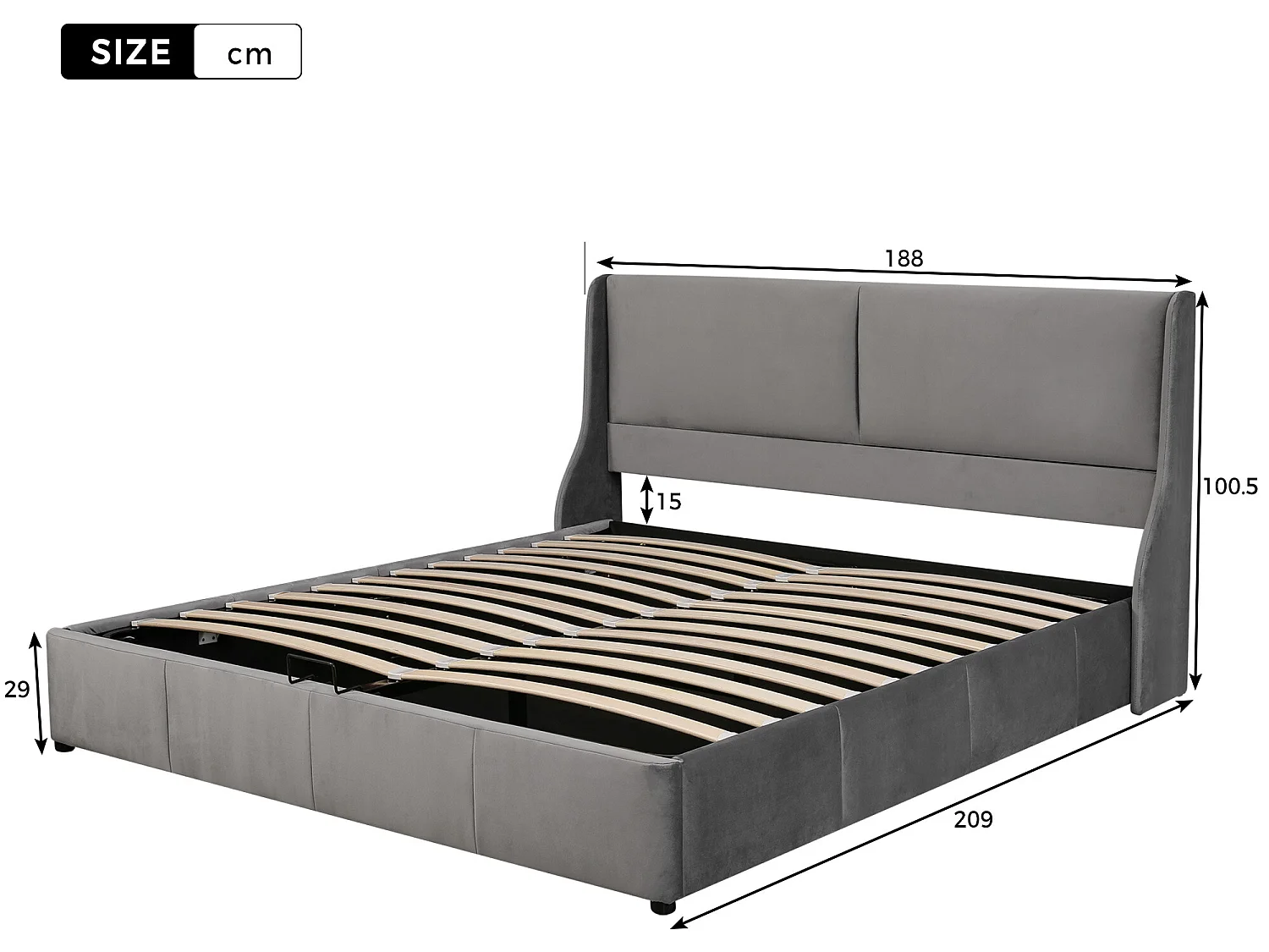 Lit coffre lit double lit fonctionnel hydraulique 180 x 200 - gris - Sweiko