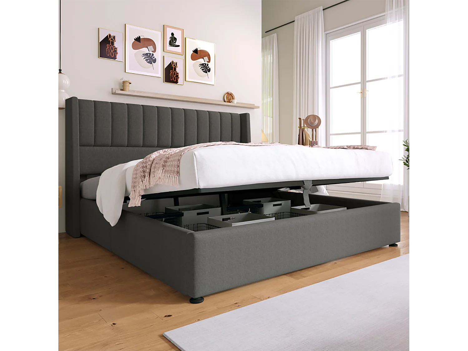 Lit coffre 140x200cm avec sommier à lattes relevable  - Gris - Sweiko