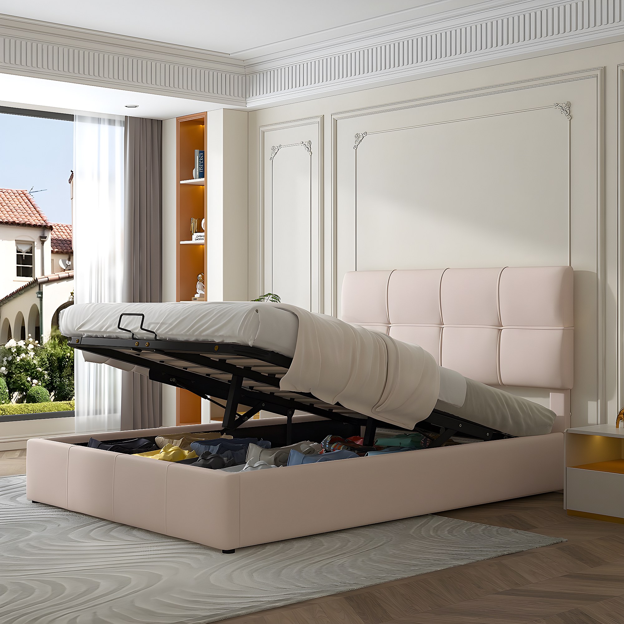 EURHCIO - Lit Coffre Double 180x200 Cm Avec Tête De Lit Capitonné - Rangement Hydraulique, Ports USB/Type-C, Sommier Lattes - Tissu Lin Beige