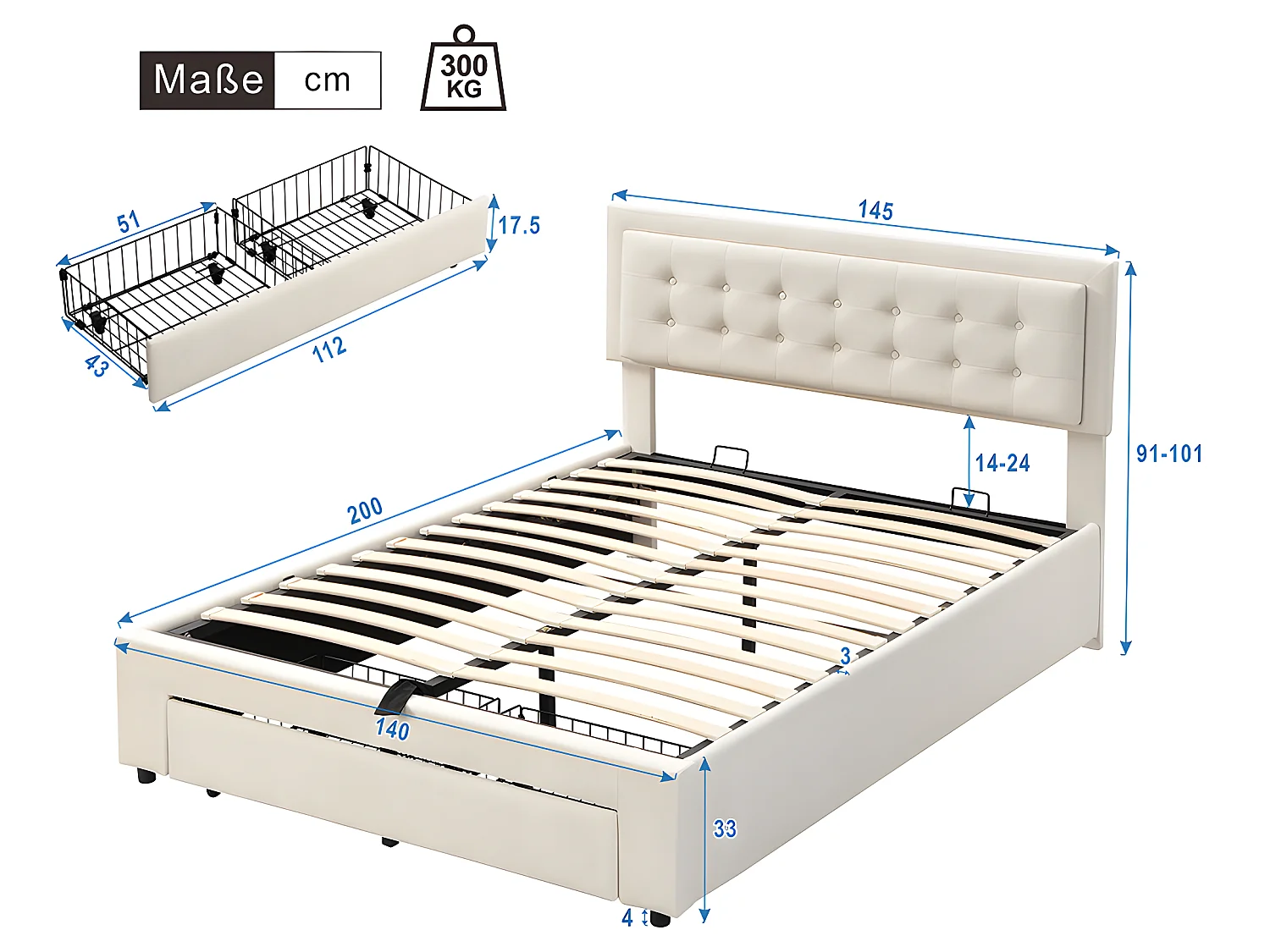 Lit coffre - 140 x 200 cm - avec 2 tiroirs sommier à lattes relevable - gris - Sweiko