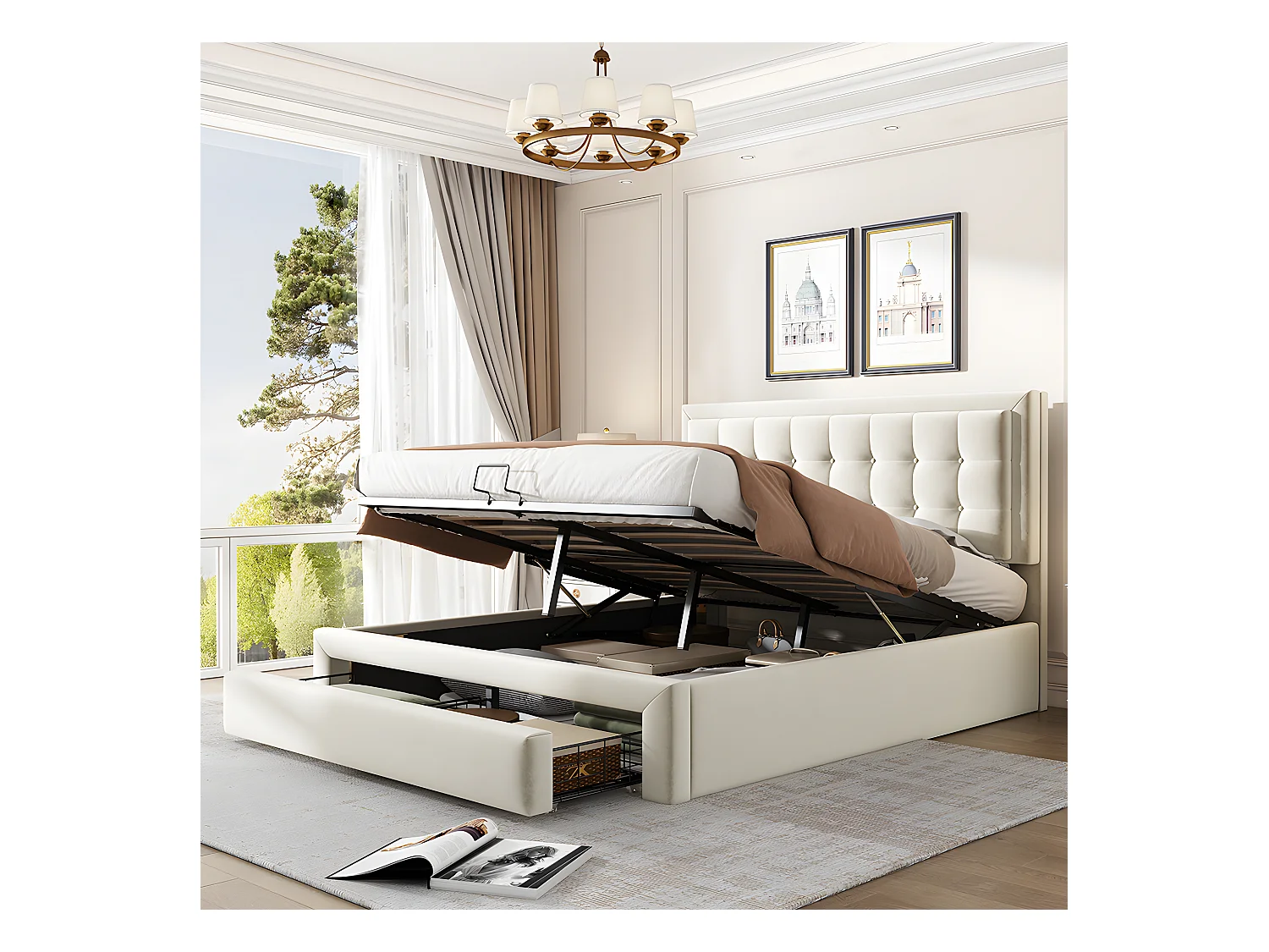 Lit coffre - 140 x 200 cm - avec 2 tiroirs sommier à lattes relevable - gris - Sweiko