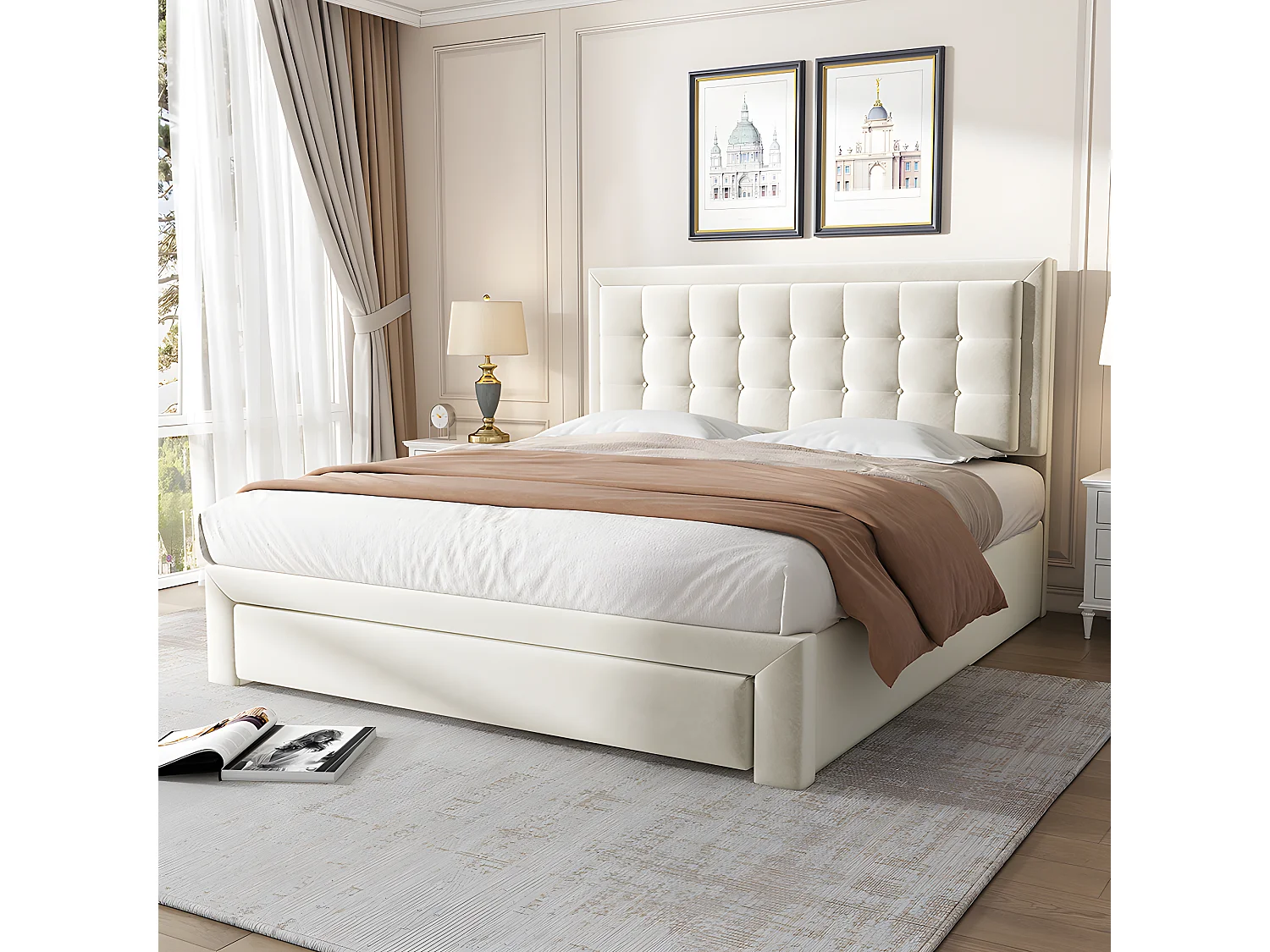 Lit coffre - 140 x 200 cm - avec 2 tiroirs sommier à lattes relevable - gris - Sweiko