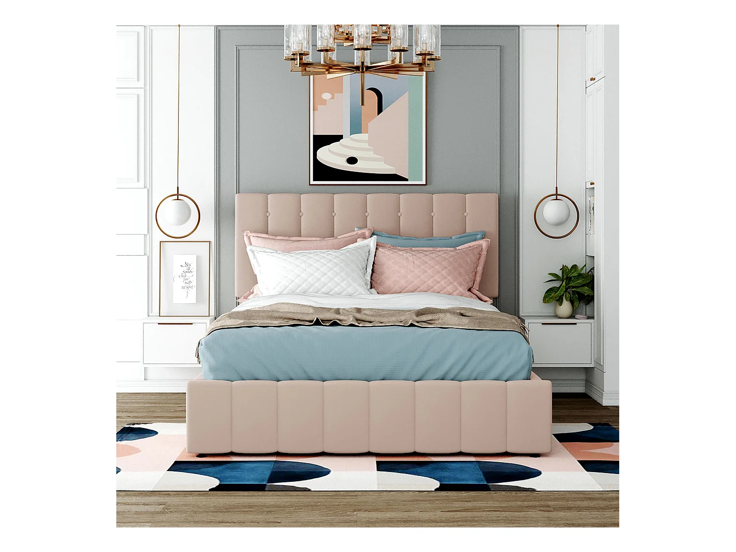 Lit coffre  Lit rembourré 140x200 lit double avec rangement - beige foncé - Sweiko