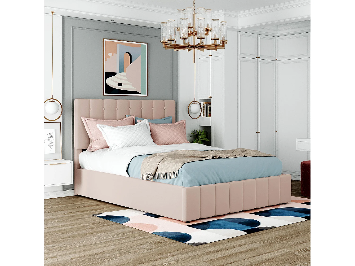 Lit coffre  Lit rembourré 140x200 lit double avec rangement - beige foncé - Sweiko