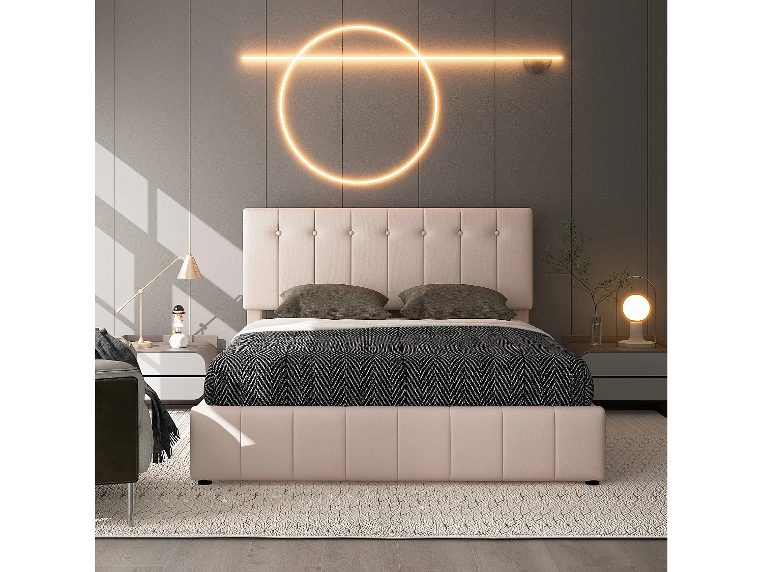 Lit coffre  Lit rembourré 140x200 lit double avec rangement - beige foncé - Sweiko