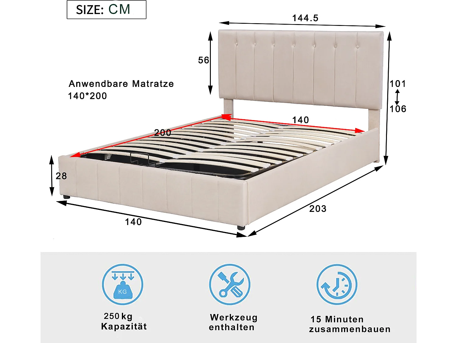 Lit coffre  Lit rembourré 140x200 lit double avec rangement - beige foncé - Sweiko