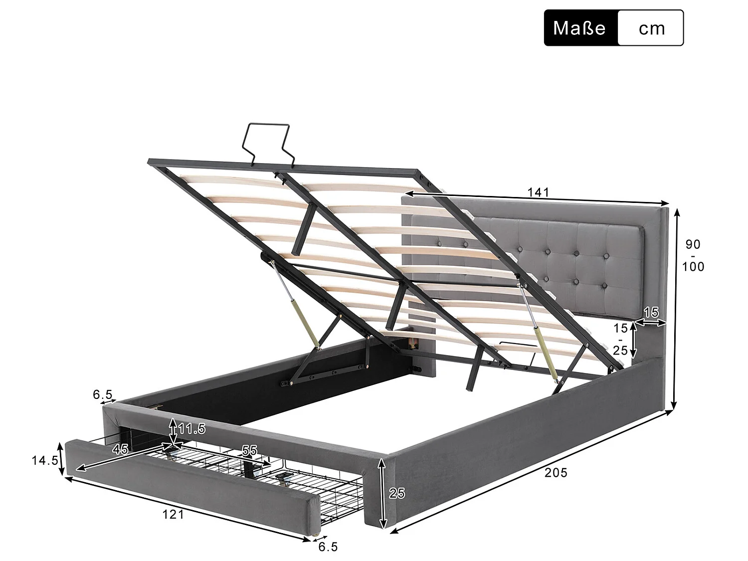 Lit coffre 140 x 200 cm Lit avec armoire et tiroirs - espace de rangement - gris - Sweiko