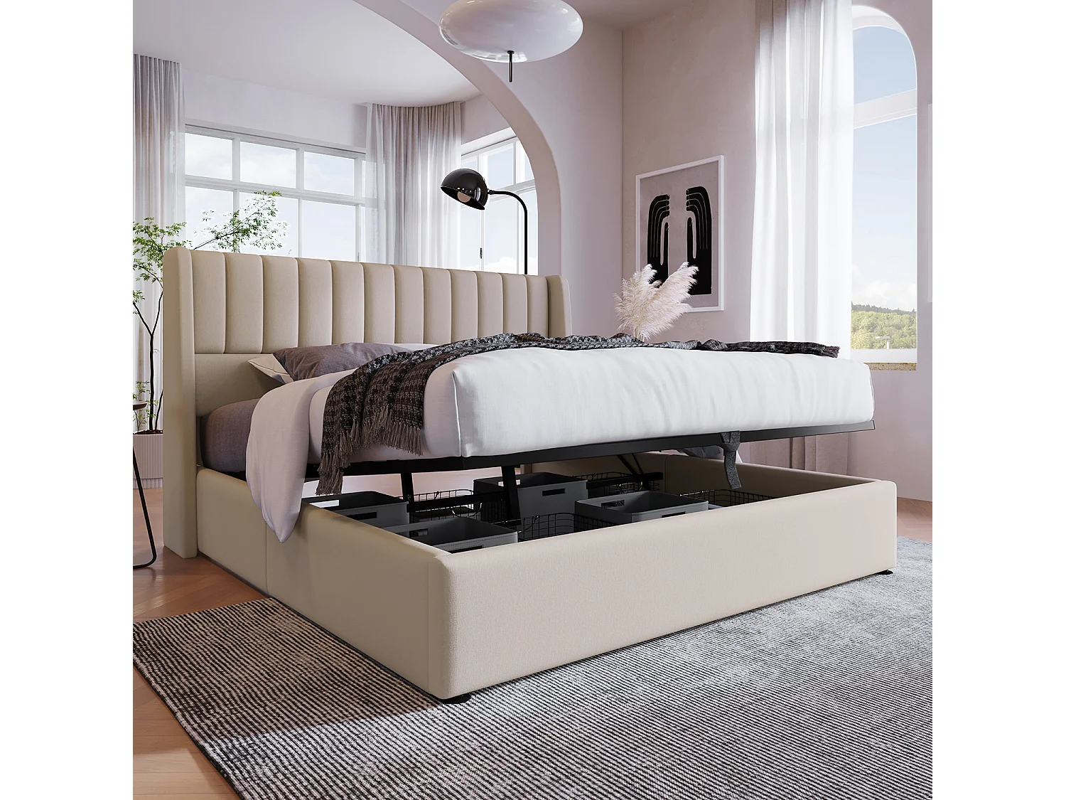 Lit coffre 140x200cm avec sommier à lattes relevable  - Beige - Sweiko