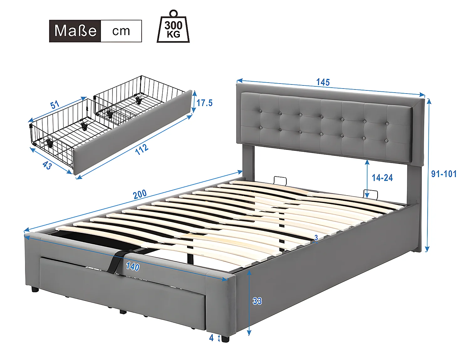 Lit coffre Lit 140 x 200 cm avec tiroirs - gris - Sweiko