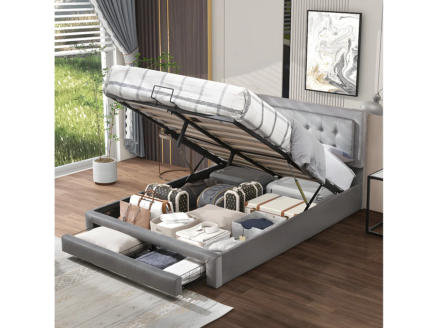 Lit coffre Lit 140 x 200 cm avec tiroirs - gris - Sweiko