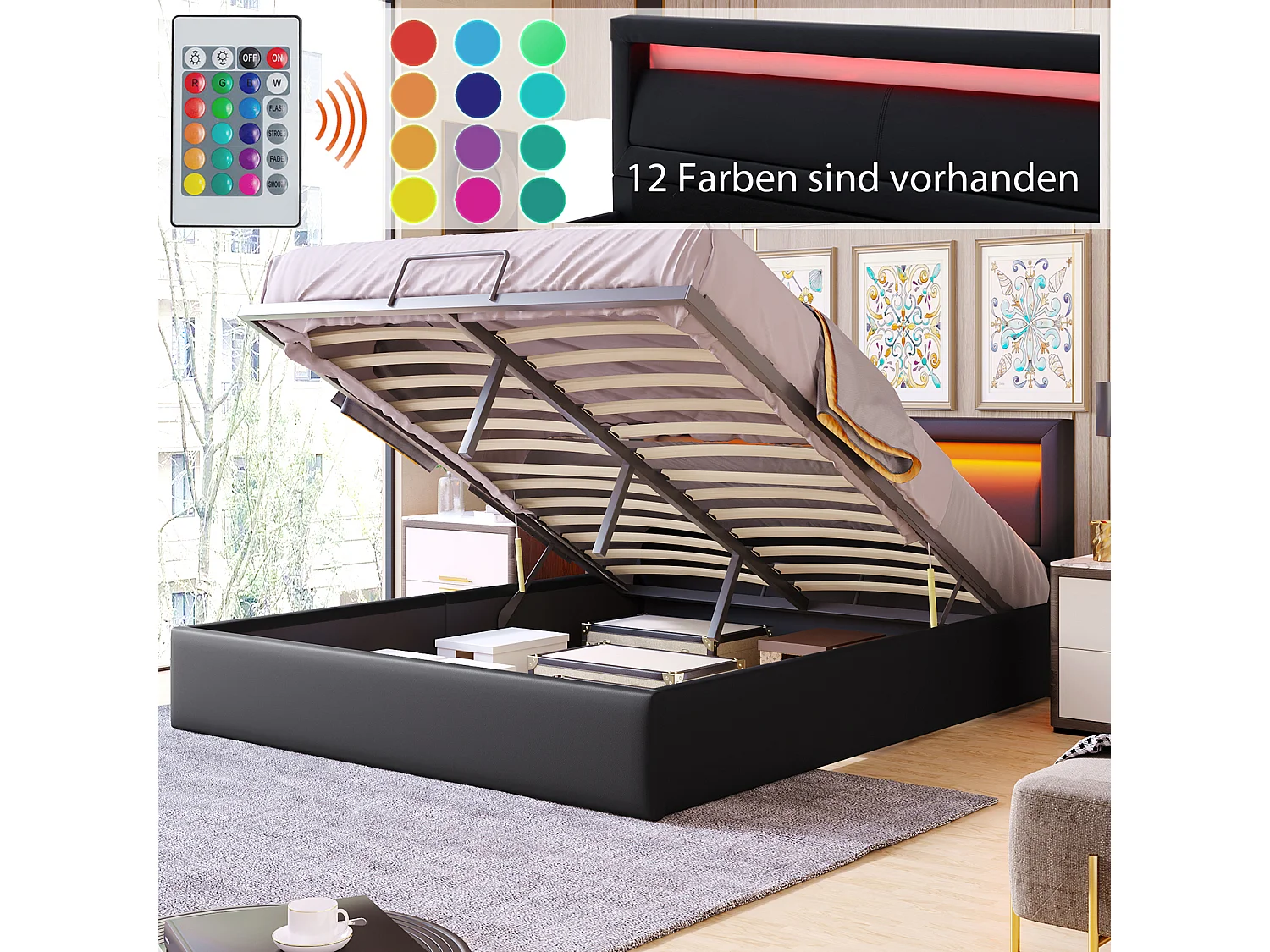 Lit LED coffre 140 x 200 cm - avec LED multicolore - Noir Espace de rangement - Sweiko