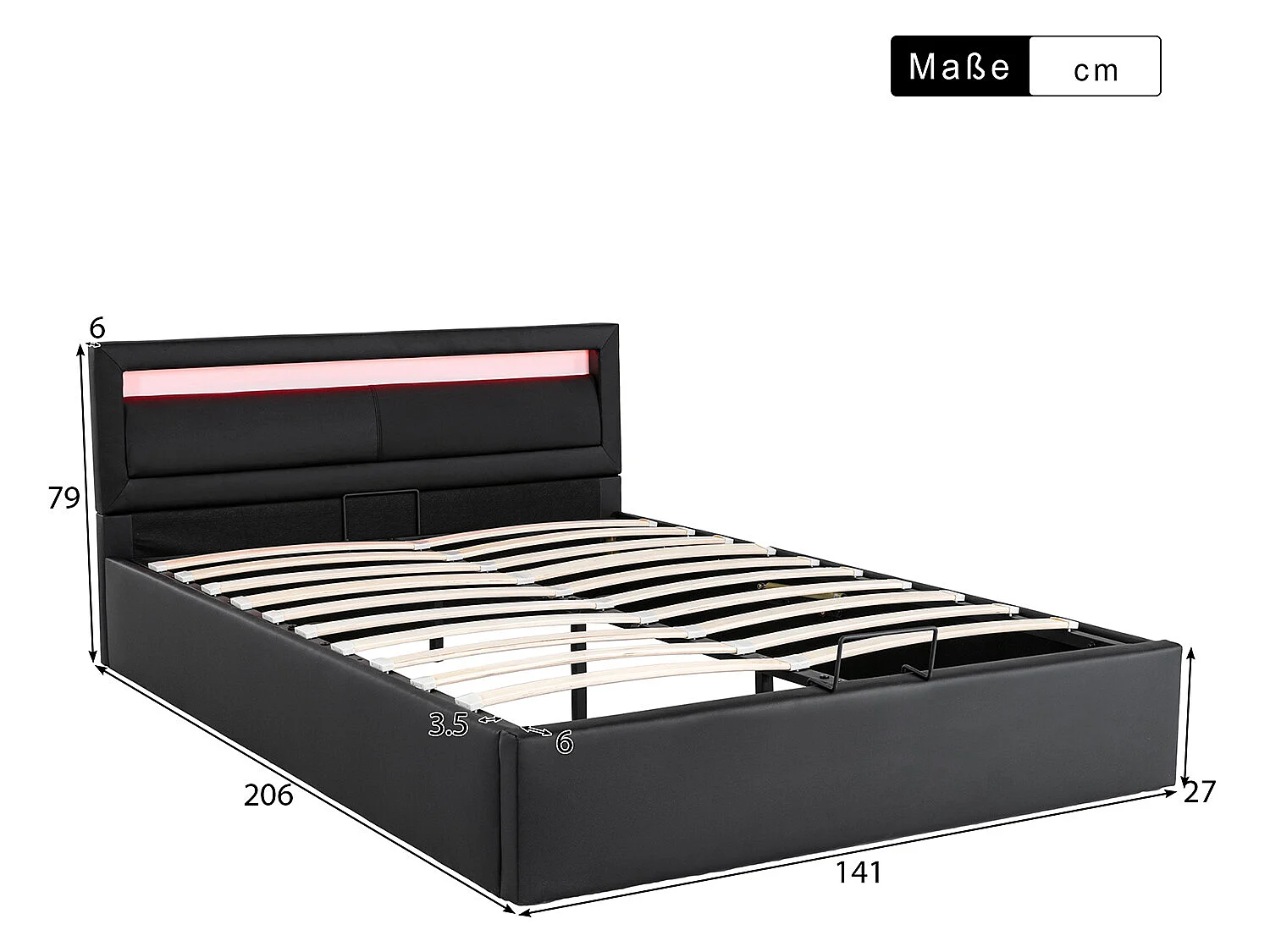 Lit LED coffre 140 x 200 cm - avec LED multicolore - Noir Espace de rangement - Sweiko