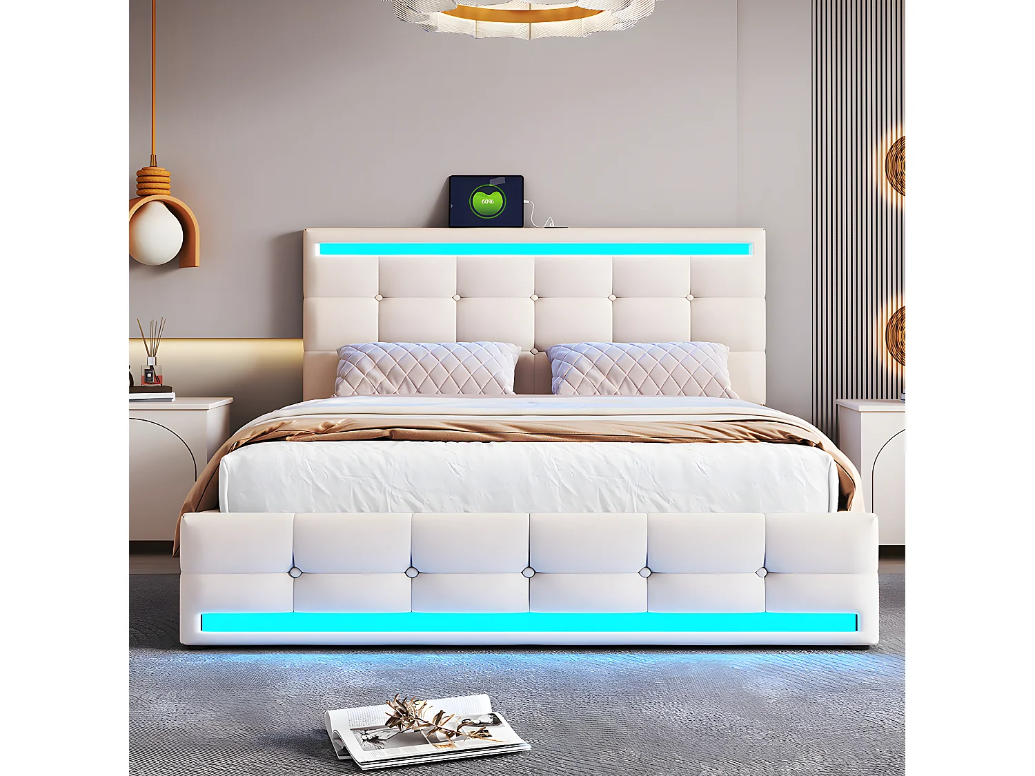 Lit coffre LED avec tête de lit rangements - 140 x 200 cm - Station de charge USB - Beige - Sweiko