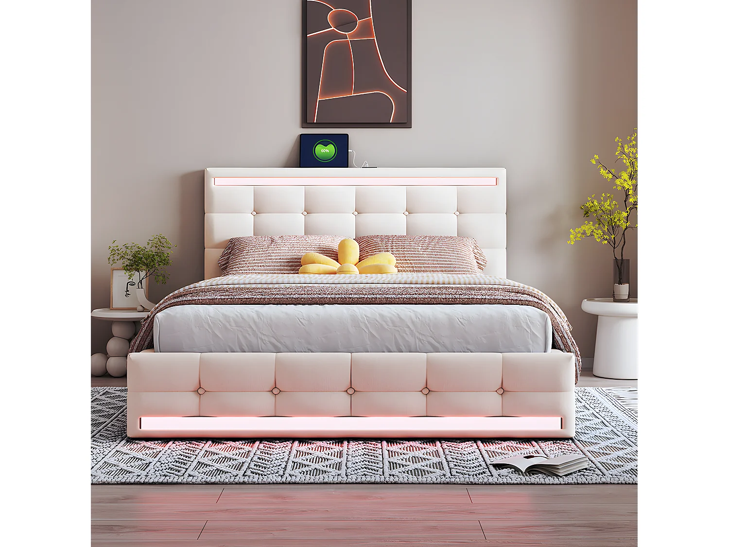 Lit coffre LED avec tête de lit rangements - 140 x 200 cm - Station de charge USB - Beige - Sweiko