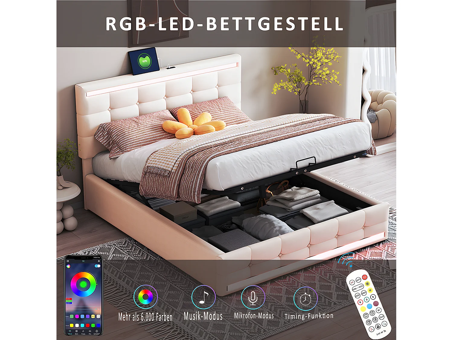 Lit coffre LED avec tête de lit rangements - 140 x 200 cm - Station de charge USB - Beige - Sweiko