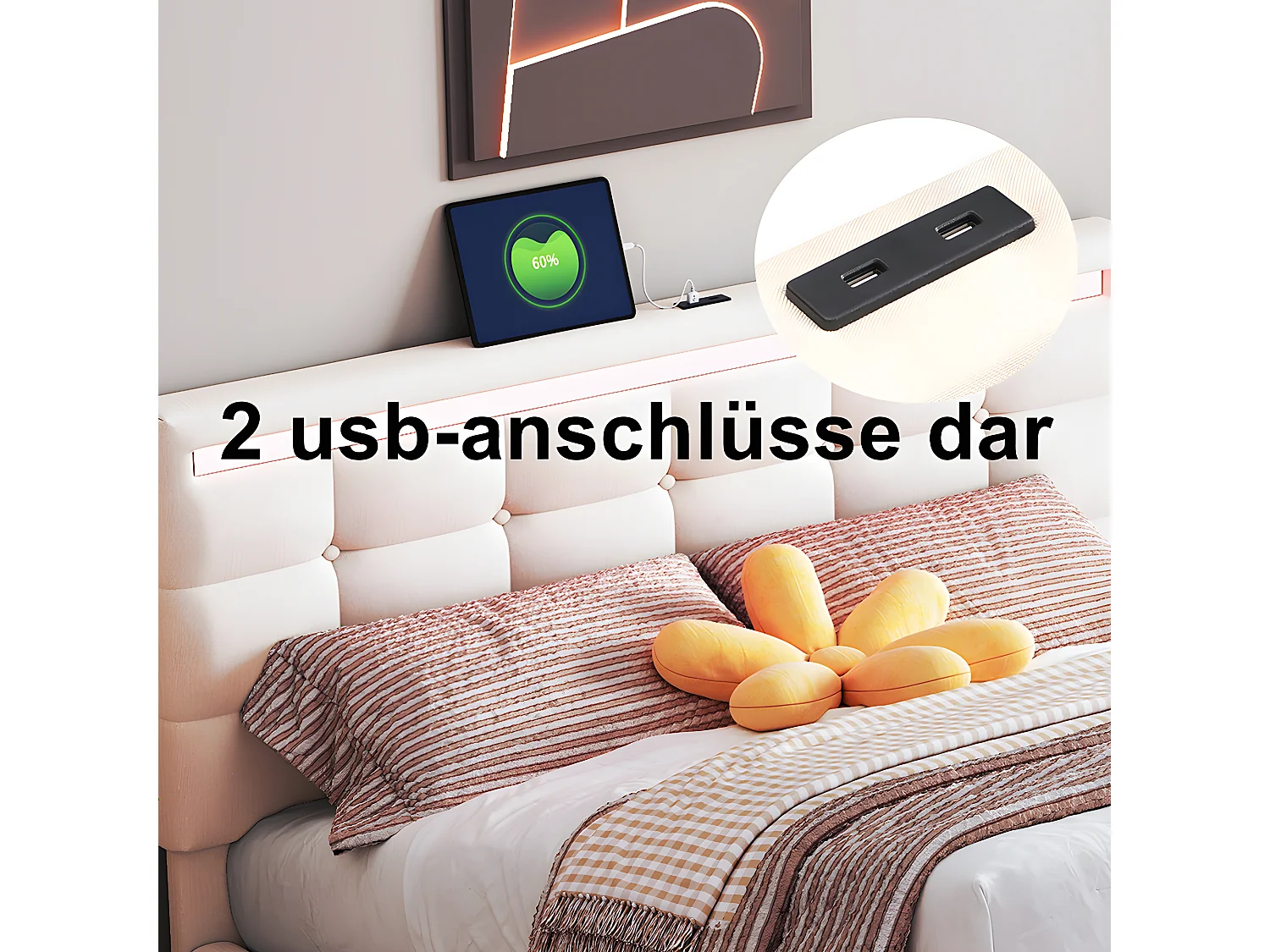 Lit coffre LED avec tête de lit rangements - 140 x 200 cm - Station de charge USB - Beige - Sweiko