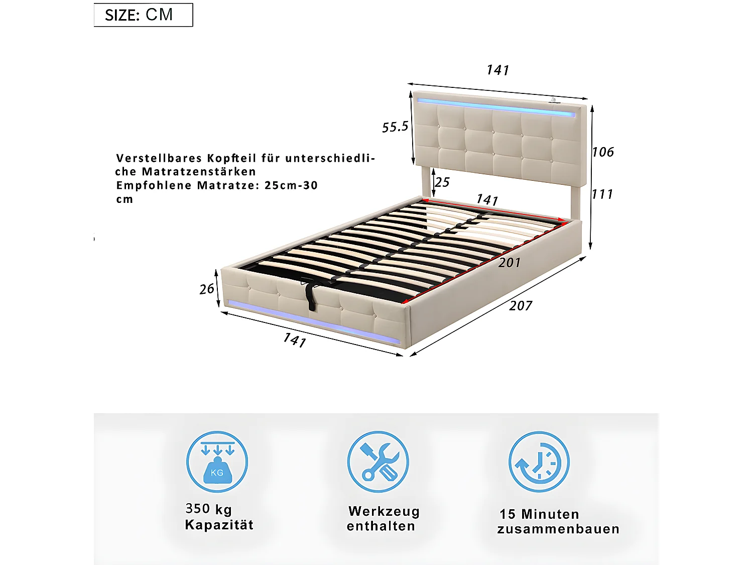 Lit coffre LED avec tête de lit rangements - 140 x 200 cm - Station de charge USB - Beige - Sweiko