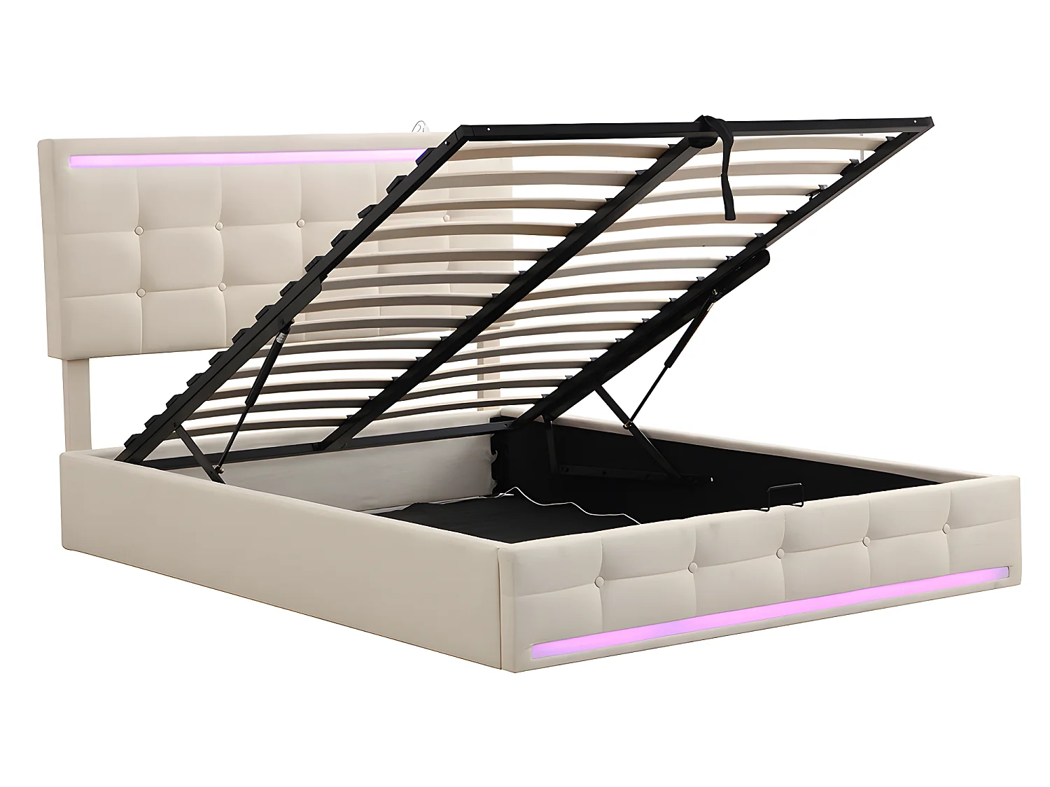 Lit coffre LED avec tête de lit rangements - 140 x 200 cm - Station de charge USB - Beige - Sweiko