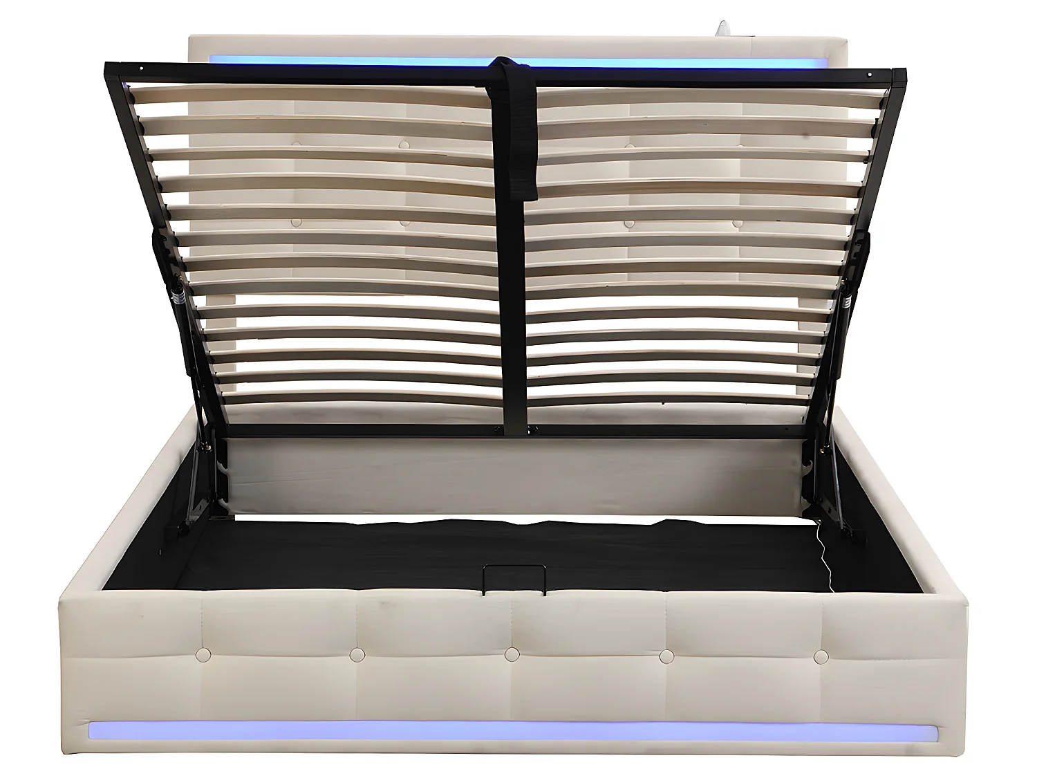 Lit coffre LED avec tête de lit rangements - 140 x 200 cm - Station de charge USB - Beige - Sweiko