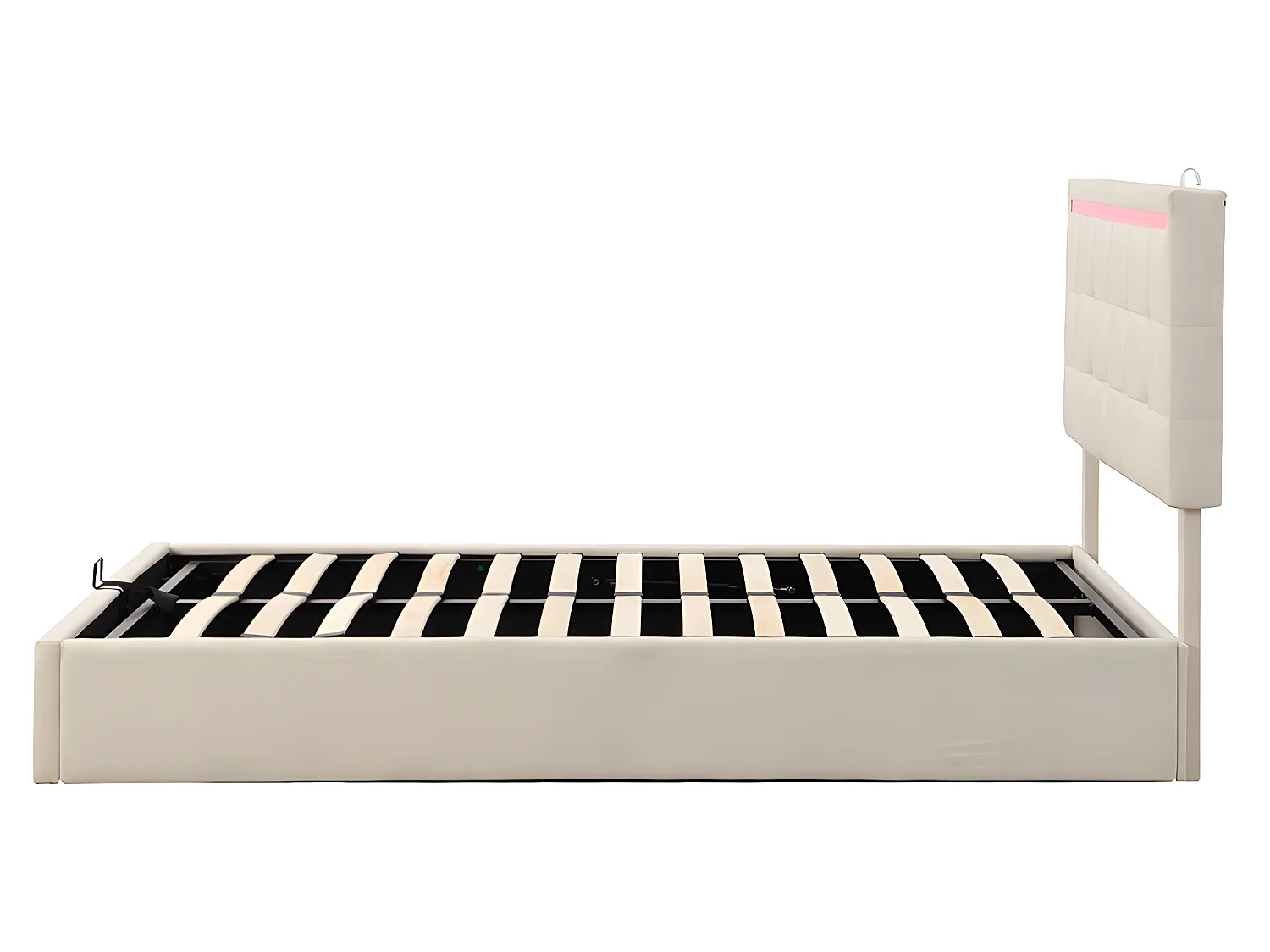 Lit coffre LED avec tête de lit rangements - 140 x 200 cm - Station de charge USB - Beige - Sweiko