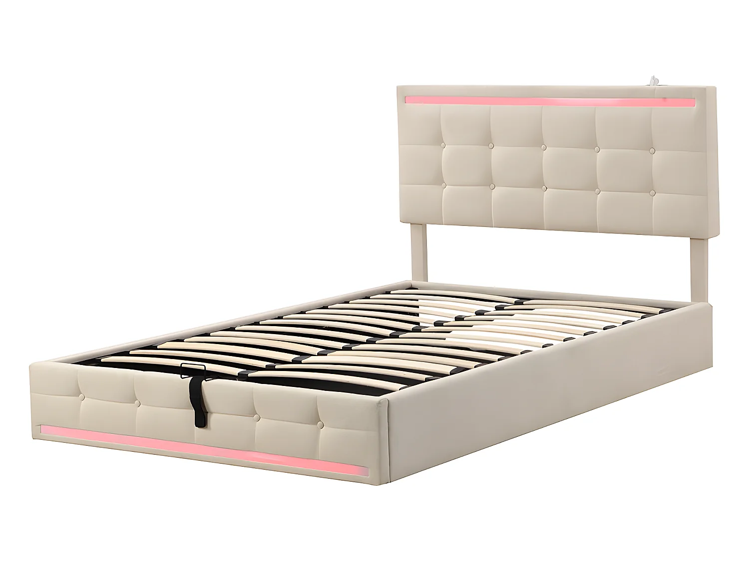 Lit coffre LED avec tête de lit rangements - 140 x 200 cm - Station de charge USB - Beige - Sweiko