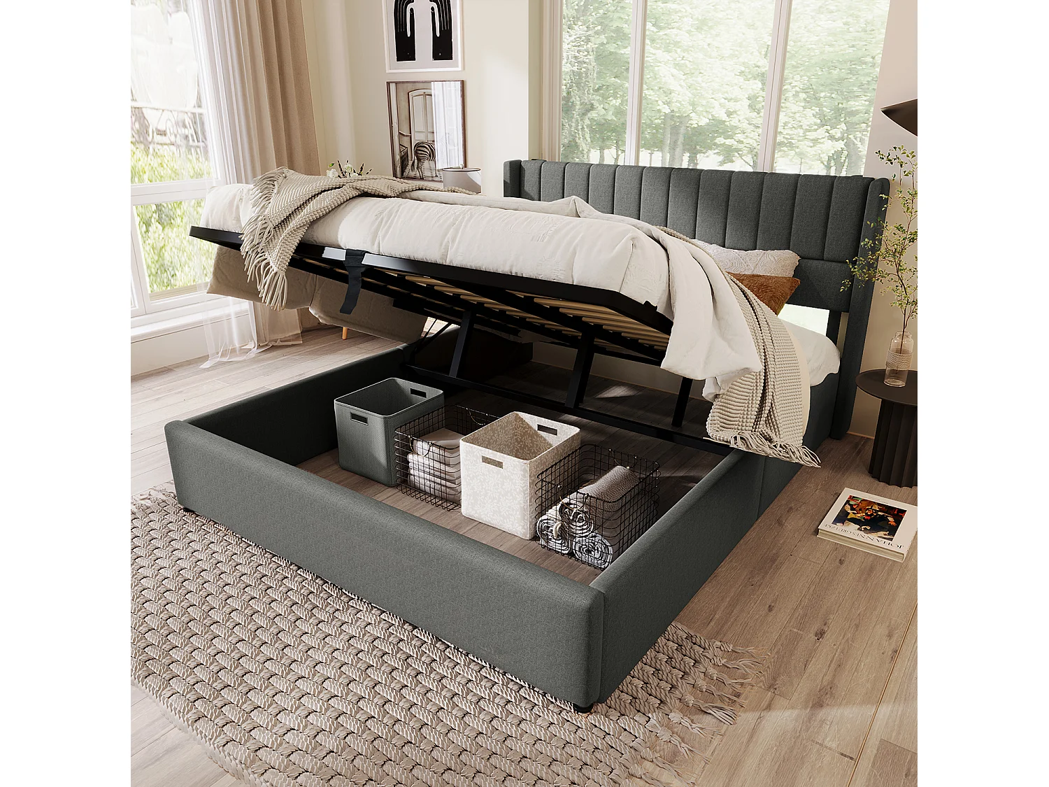 Lit coffre 160x200cm avec sommier à lattes relevable  - Gris - Sweiko