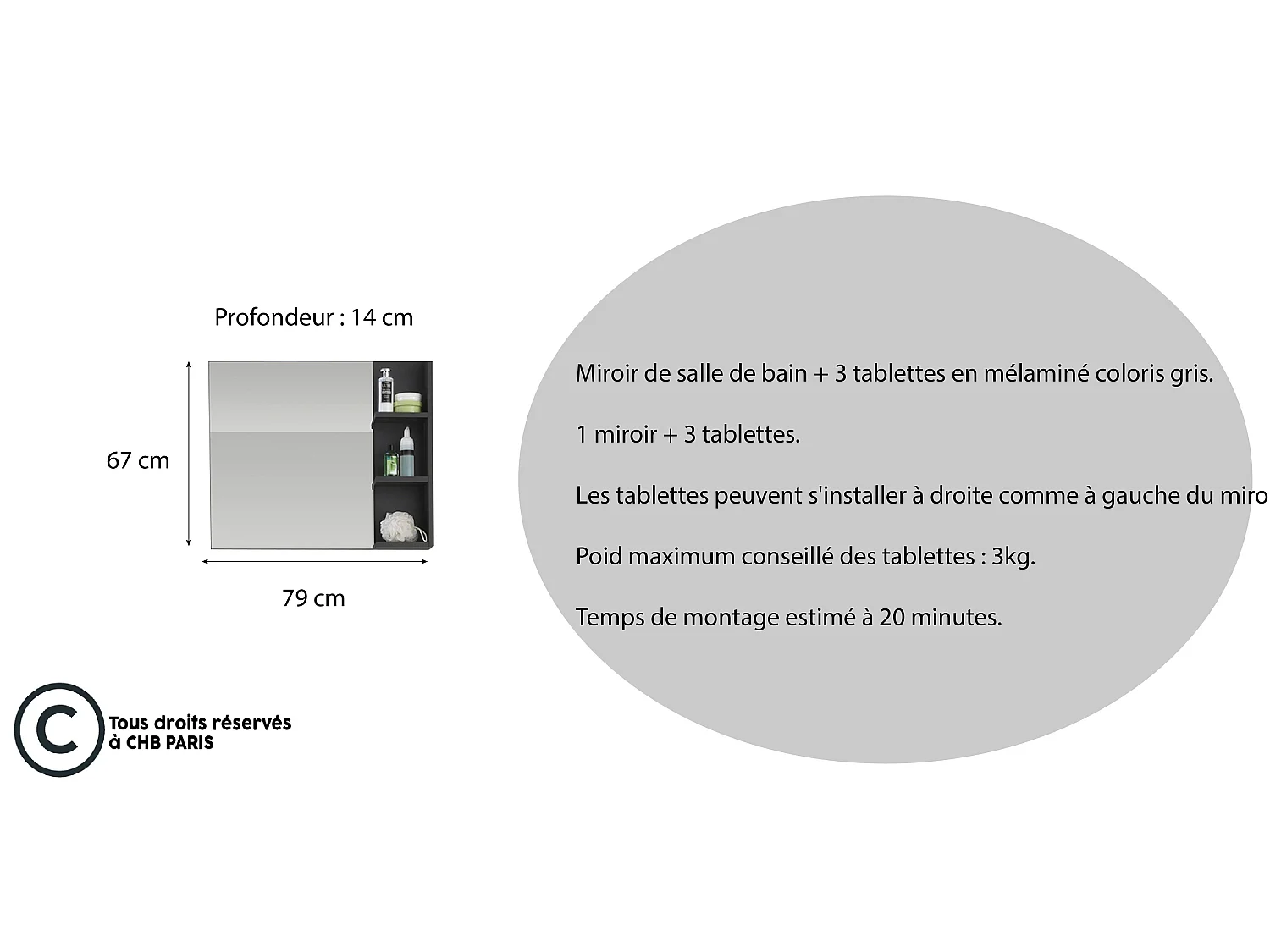 BeachBad spiegel 3 open vakken grijs, spiegelglas.