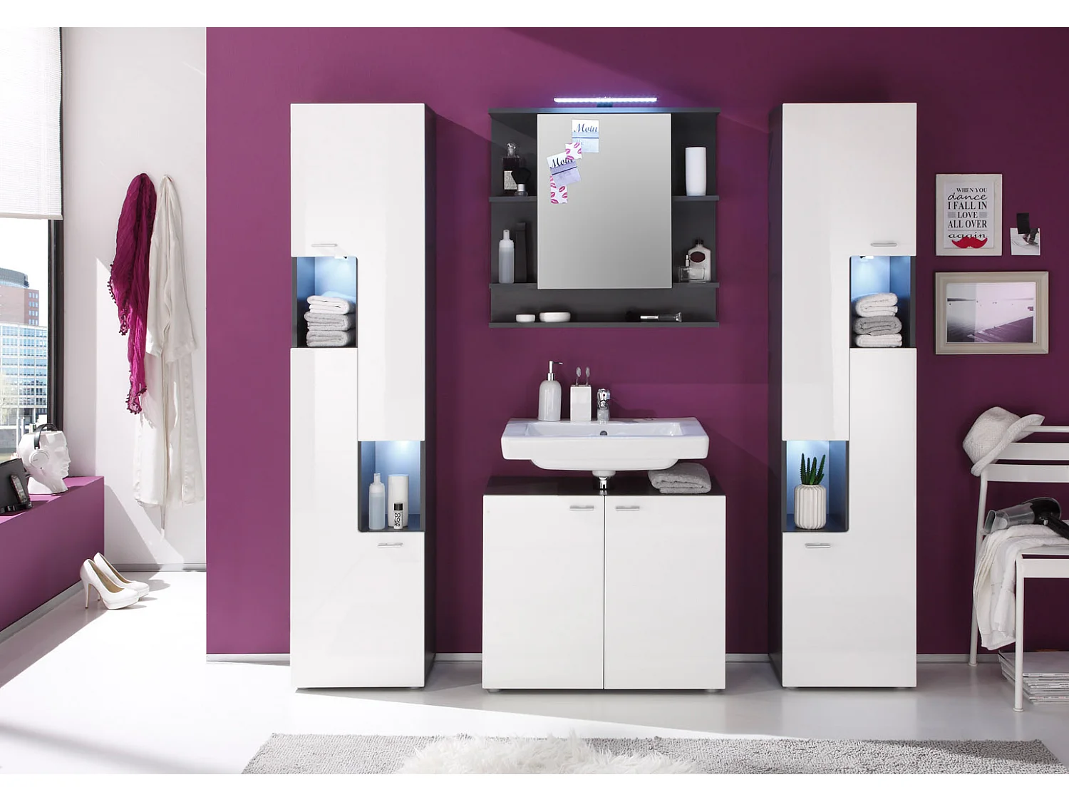 Miroir mural avec étagère - Mélaminé - Noir - 72 - 76 - 20 cm