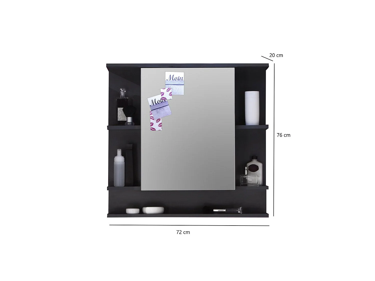 Miroir mural avec étagère - Mélaminé - Noir - 72 - 76 - 20 cm
