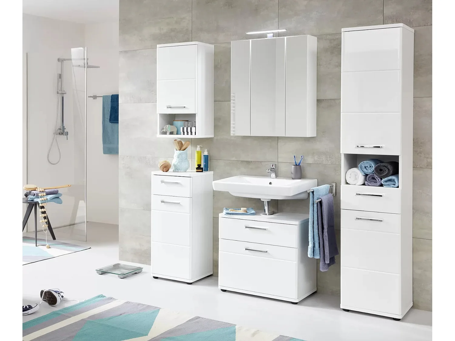 Armoire de toilette 3 portes mélaminé blanc avec miroir Micko