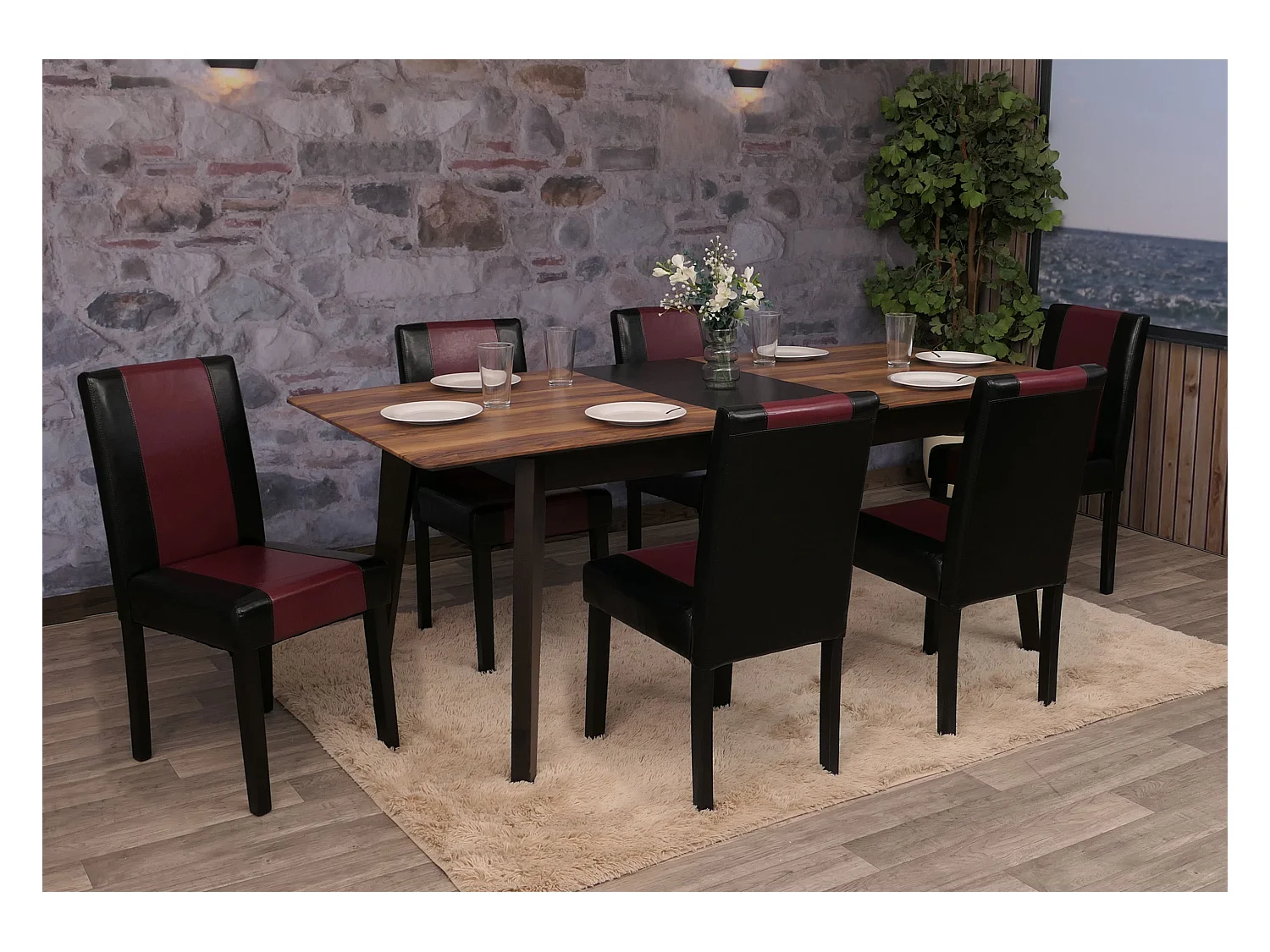 Chaise de salle à manger Littau similicuir (lot de 6),  simili-cuir, noir/rouge, pieds foncés