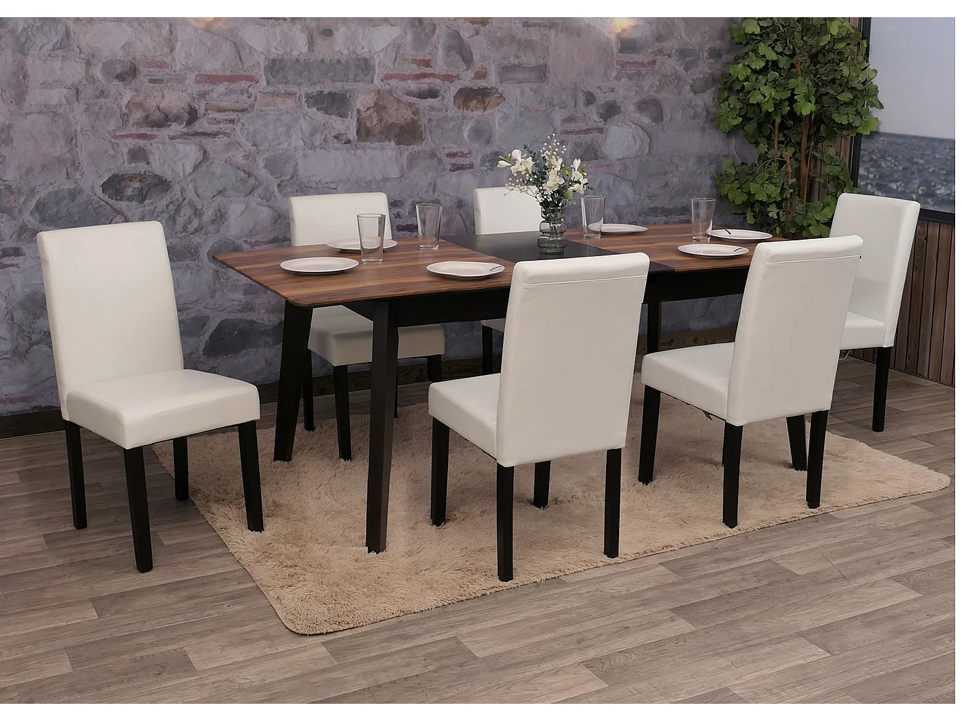 Chaise de salle à manger Littau similicuir (lot de 6),  simili-cuir, blanc, pieds foncés