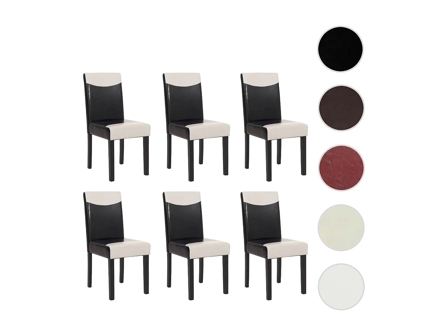 Juego de 6 sillas de comedor Littau de piel sintética,  polipiel, blanco y negro, patas oscuras