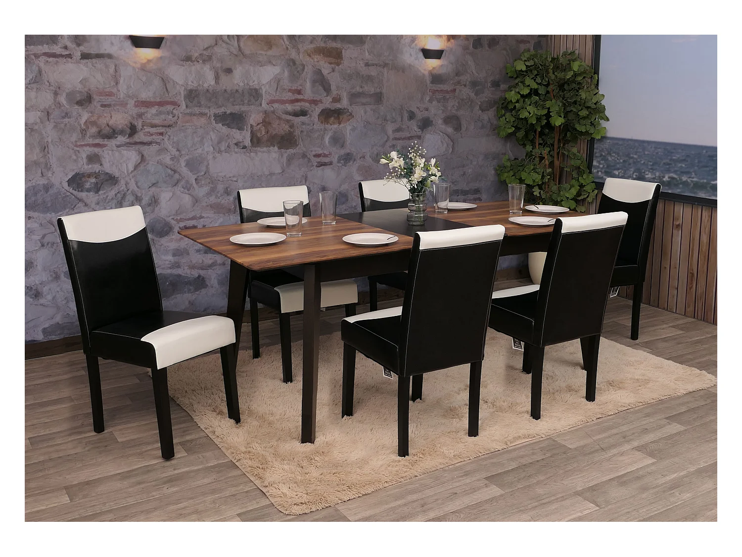 Chaise de salle à manger Littau similicuir (lot de 6),  simili-cuir, noir/crème, pieds foncés