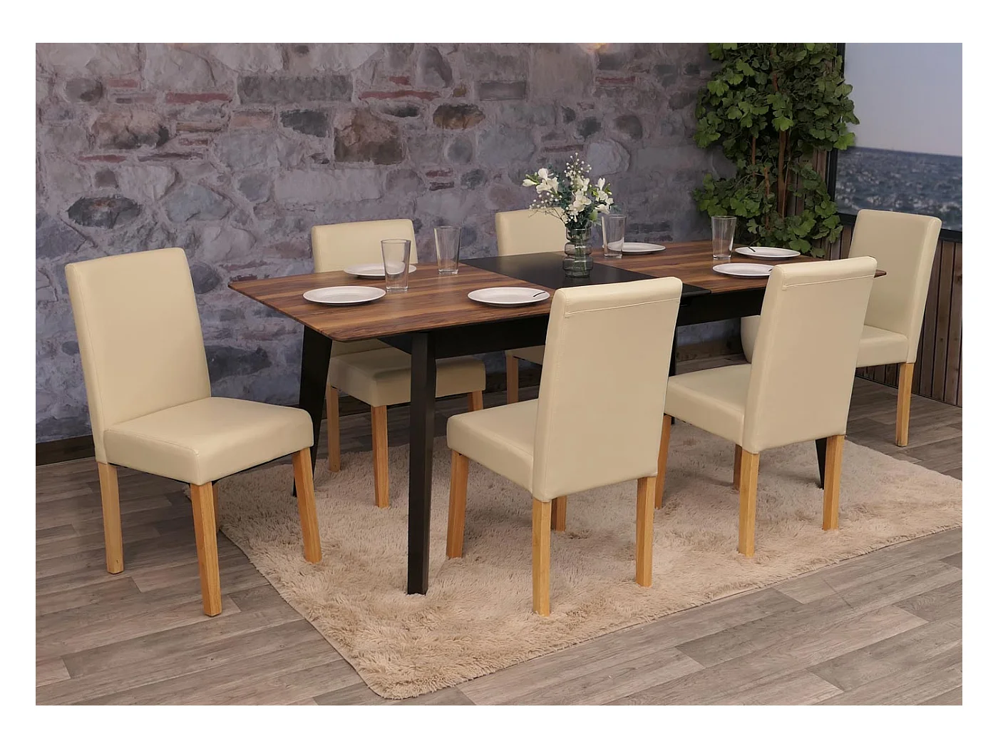 Juego de 6 sillas de comedor Littau de piel sintética,  polipiel, color crema, patas claras