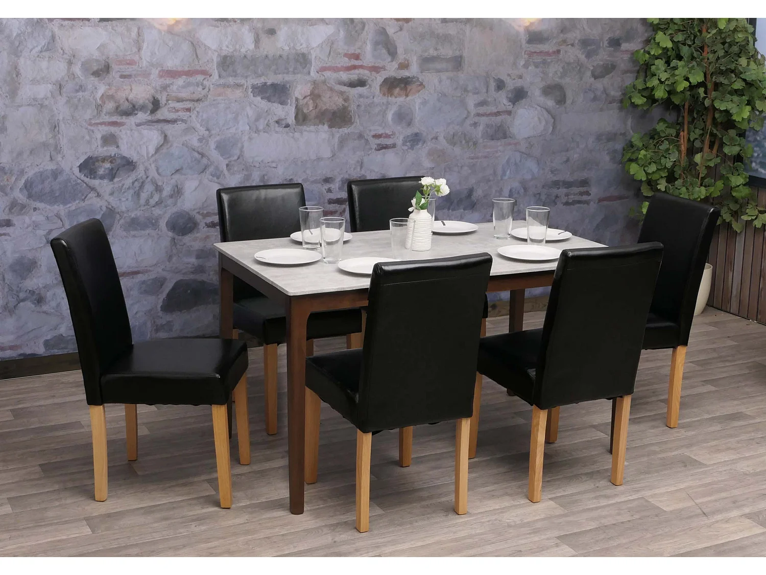 Juego de 6 sillas de comedor Littau de piel sintética,  polipiel, negra, patas claras