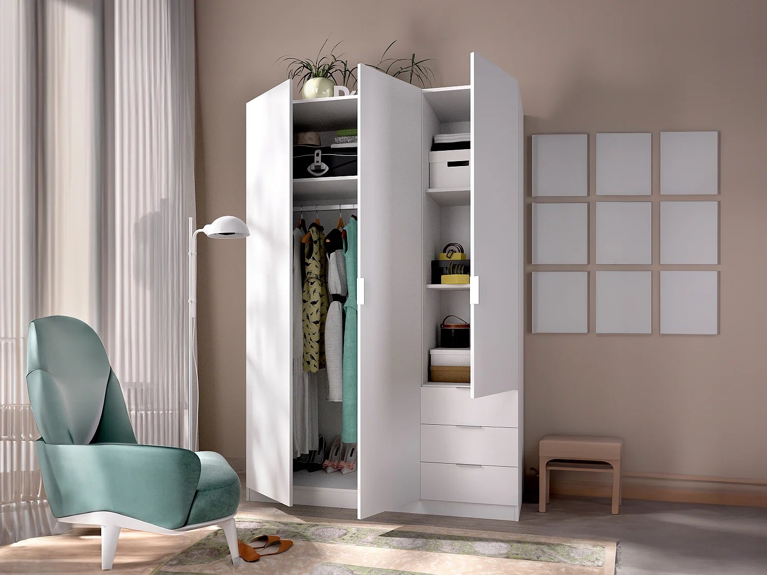 Armario de 3 puertas y 3 cajones - Ancho 121 cm - Blanco - LISTOWEL