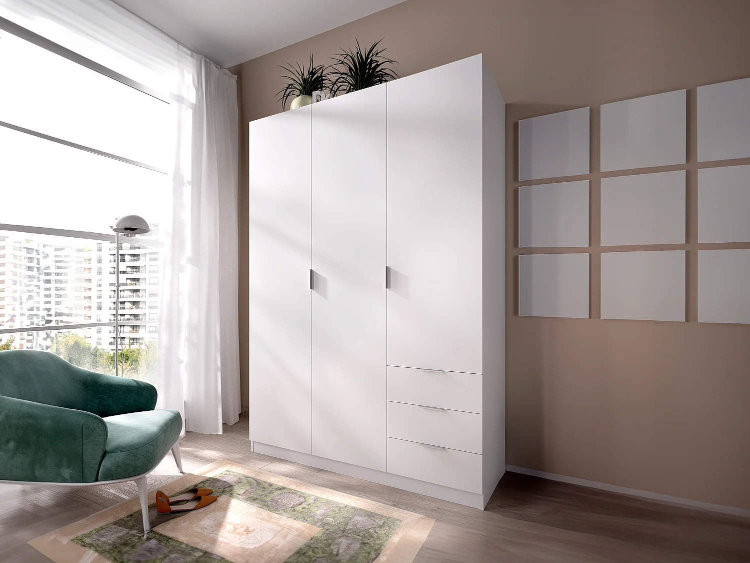 Armoire 3 portes et 3 tiroirs - L121 cm - Blanc - LISTOWEL