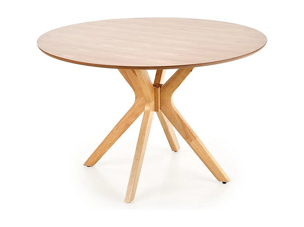 Tavolo da pranzo rotondo con gambe in legno massiccio e piano impiallacciato in rovere naturale Racoon