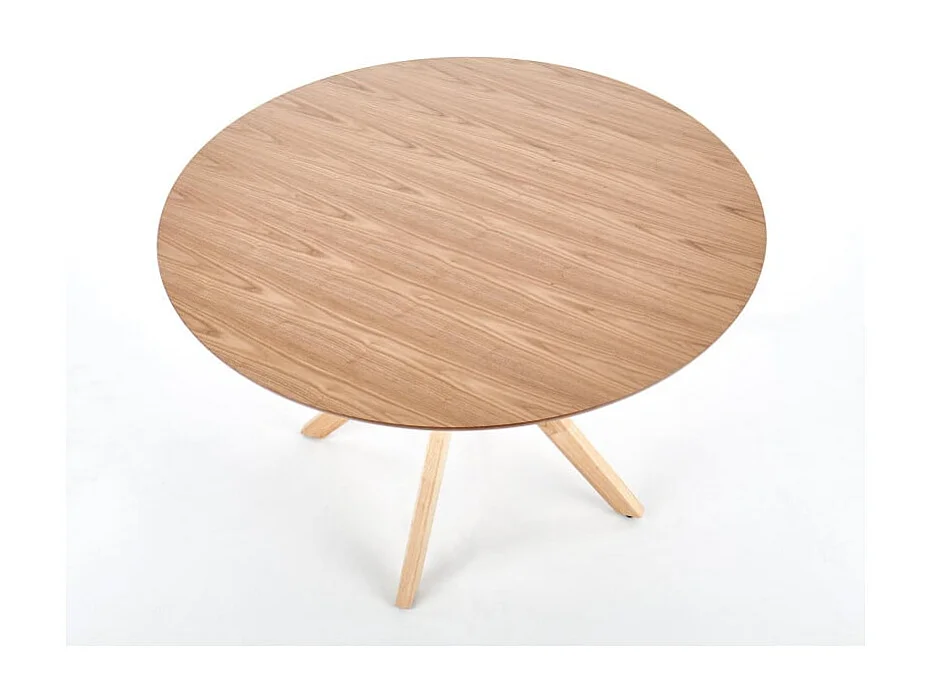 Tavolo da pranzo rotondo con gambe in legno massiccio e piano impiallacciato in rovere naturale Racoon