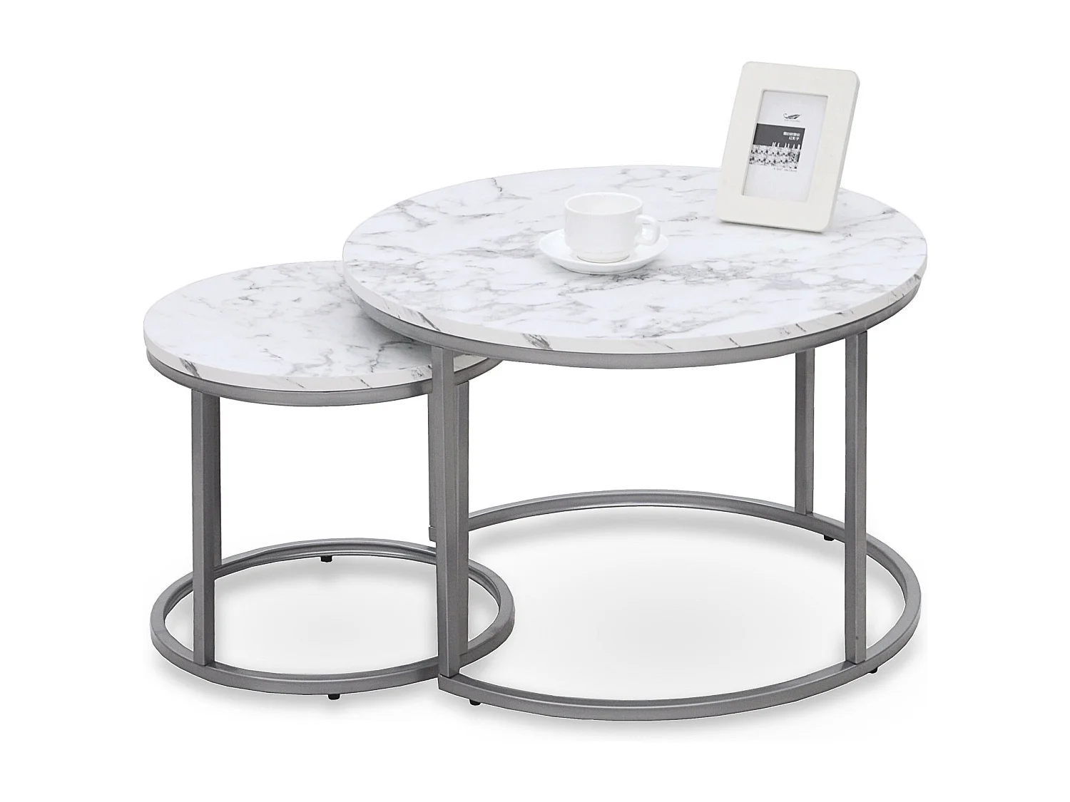 Ensemble de deux tables basses rondes aspect marbre blanc Alicia