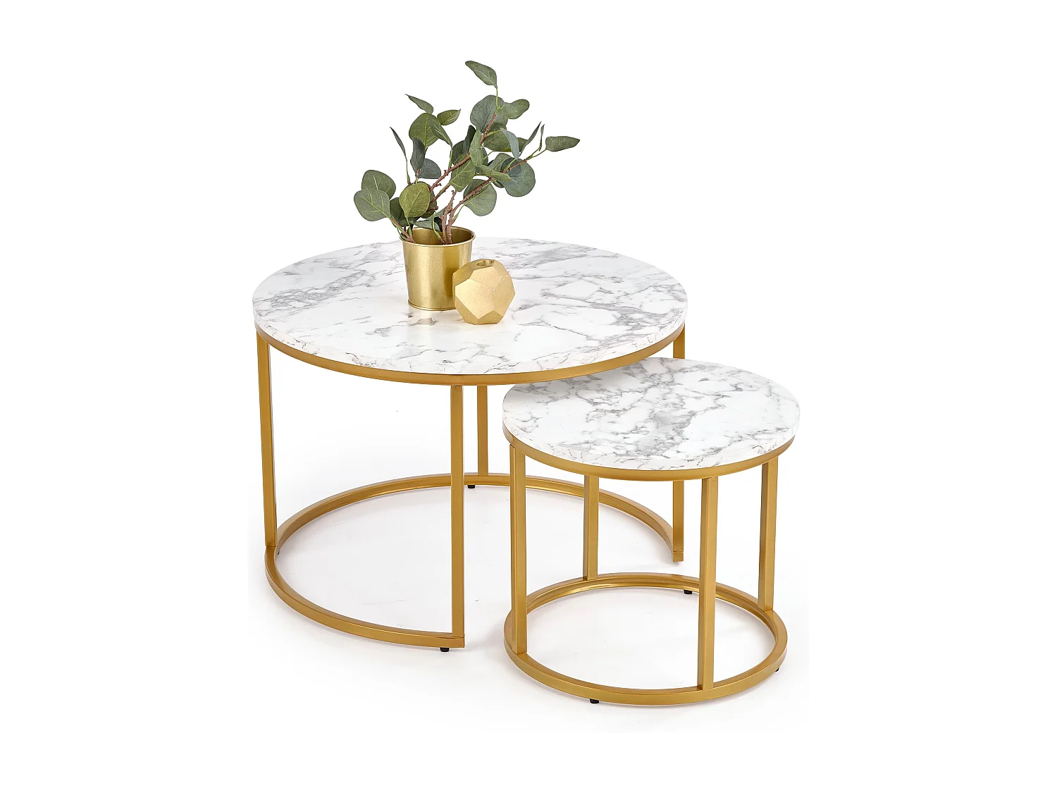 Tables gigognes rondes avec plateau style marbre et structure en métal doré Troie