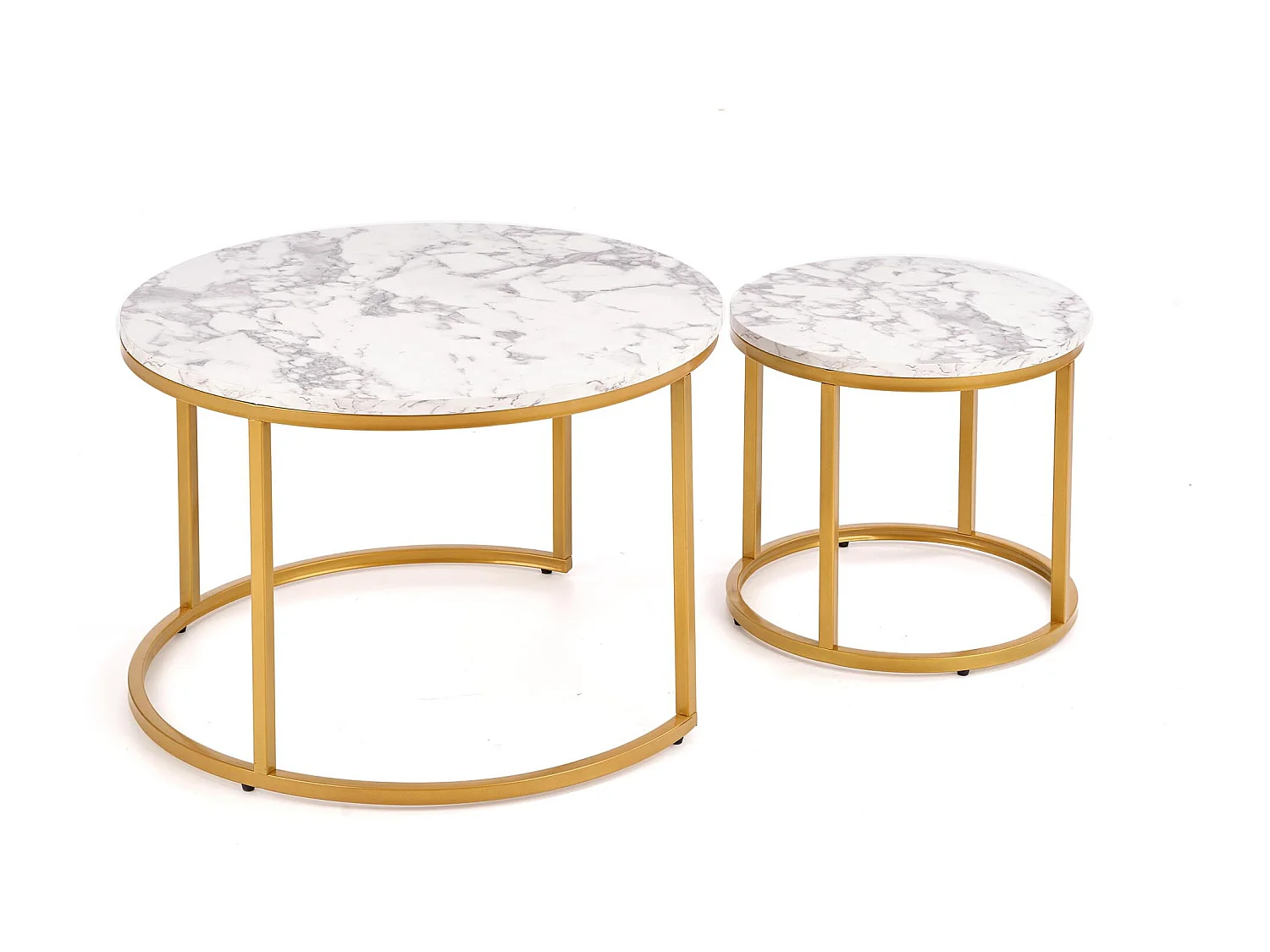 Tables gigognes rondes avec plateau style marbre et structure en métal doré Troie