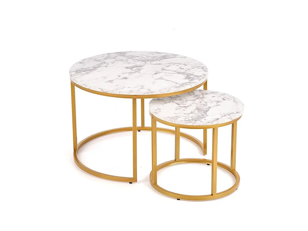 Tables gigognes rondes avec plateau style marbre et structure en métal doré Troie